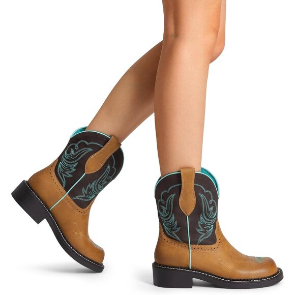 Women's Cowgirl Round Toe Embroidered Mid Calf Western Boot Concert Tan Brown - Picture 6 of 7